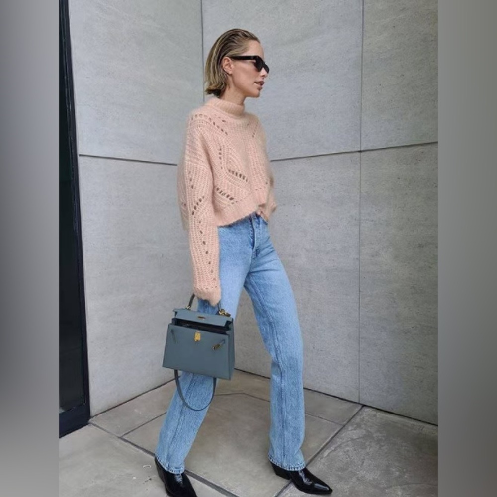 NWT $495 ANINE BING Jordan Pointelle Mohair Blend Crop Sweater In Pink